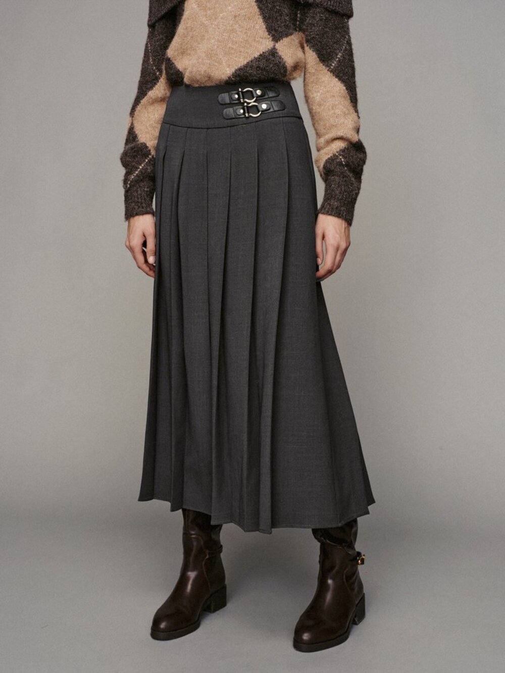 Dark Grey Elegant Women's Pleated Casual Skirt